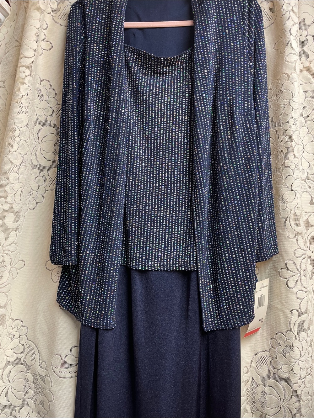 Vintage Onyx Nite Glitter Formal Maxi 2 Piece Navy Dress Size 18 NWT